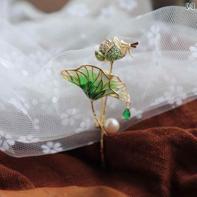 夏 ブローチ おしゃれ スーツ ピン 蓮 葉 レトロ 中華風 銅 ジルコン 女性 チャイナ 襟ピン ボタン