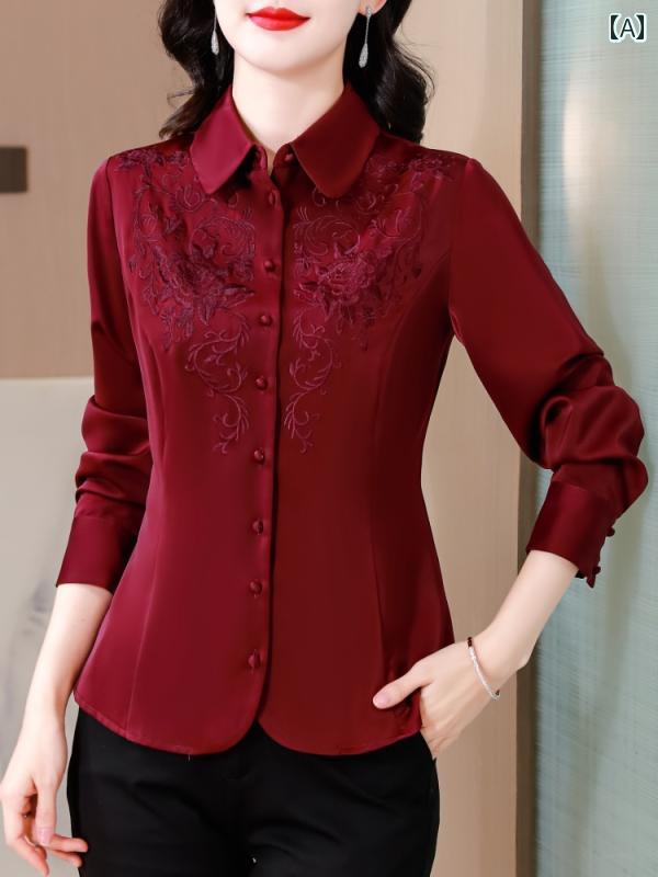 Long-Sleeved - ブラウス レディース ボタン刺繍 レディース マザーズ レトロ 春 フィット スリム 婦人服 サテンシャツ 長袖 カジュアル おしゃれ ゆったり