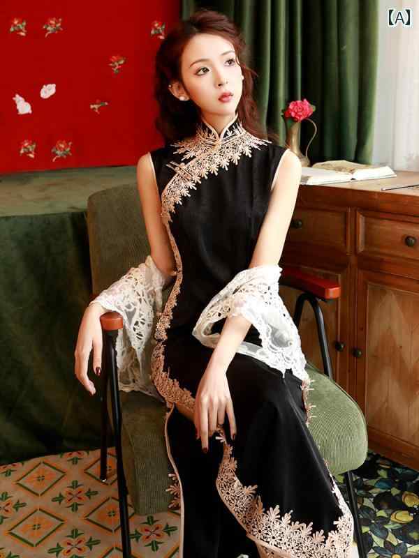 China Dress - レディース チャイナ ドレス おしゃれ ワンピース コスプレ 撮影 衣装 黒 女性 レトロ 中華風 ハイエンド ノースリーブロング デイリー