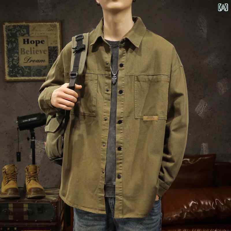 ジャケット 春秋 アメリカン ヘビーウェイト レトロ ワークジャケット 和風 カーキ 通勤 機能 男性用