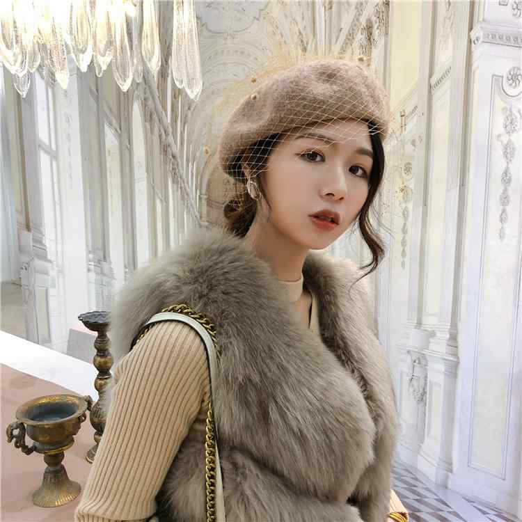 ウール ベレー 帽 欧米 エレガント レトロ おしゃれ シンプル ベールポンポン ペター ハット メッシュ