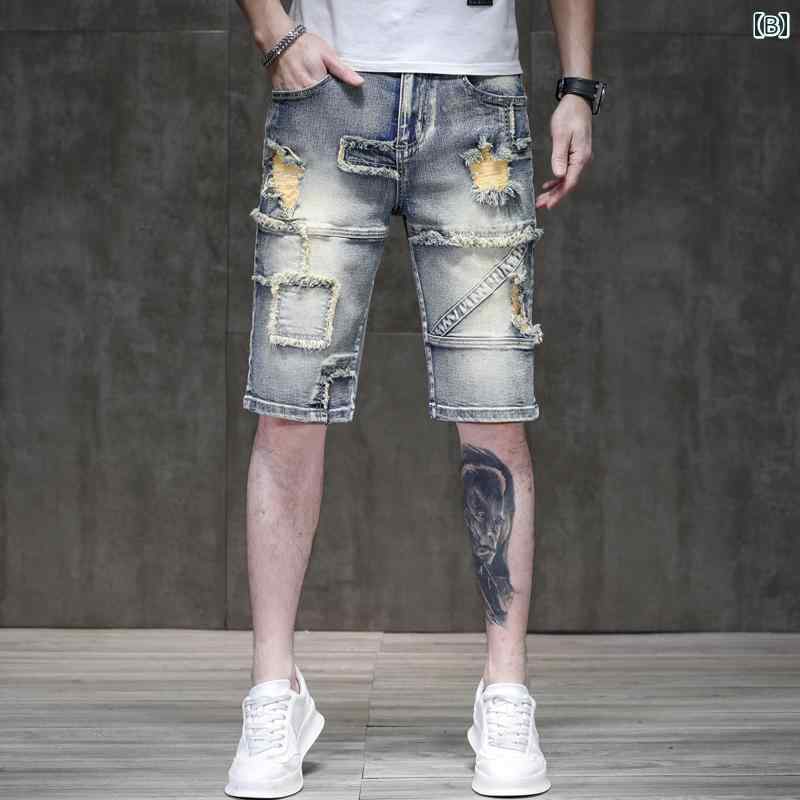 メンズ パンツ デニム ハーフ スリム デニムショート スプライシング 穴 レトロ オートバイ パッチ 五分丈 個性 ミッド