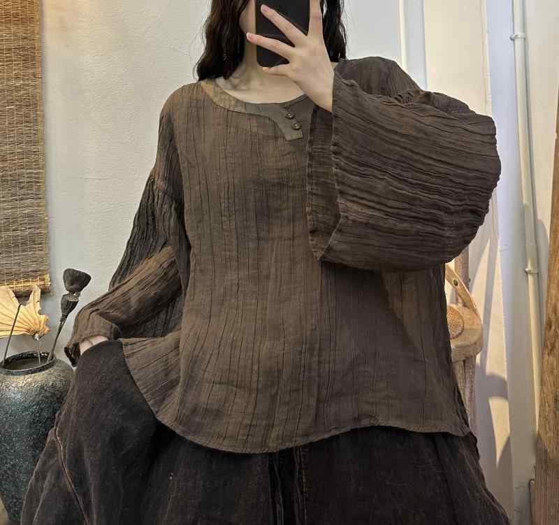 シャツ レディース 春 夏 トップス エスニック レトロ しわ く ちゃ リネン 襟 スプライシング 2つ ボタン トランペット スリーブ 小さい 女性用
