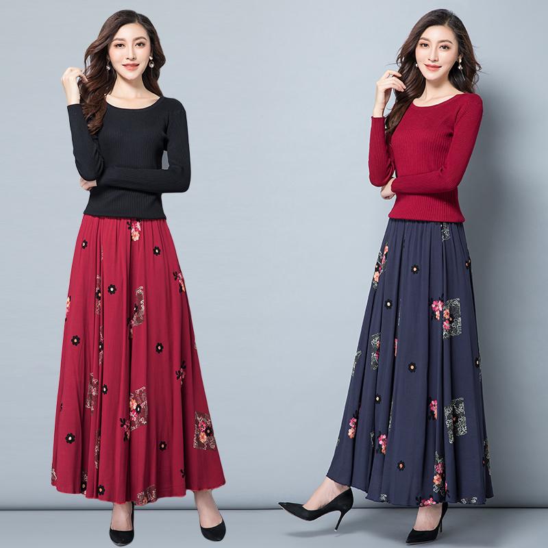 スカート レディース 秋 春 刺繍 エスニック 綿 リネン ロング スリム ハイウエスト 大きいサイズ a ライン