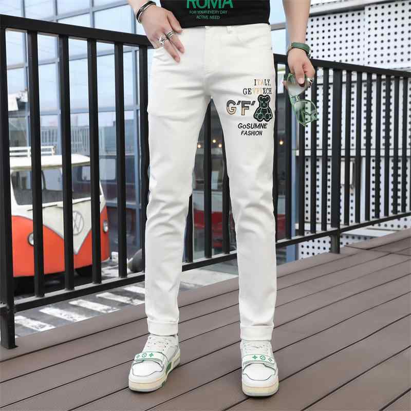 デニムパンツ カジュアル メンズ 夏 アメリカ 高級感 クマ 刺繍 ジーンズ ホワイト 伸縮性 ミッドウエスト スリム フィットパンツ