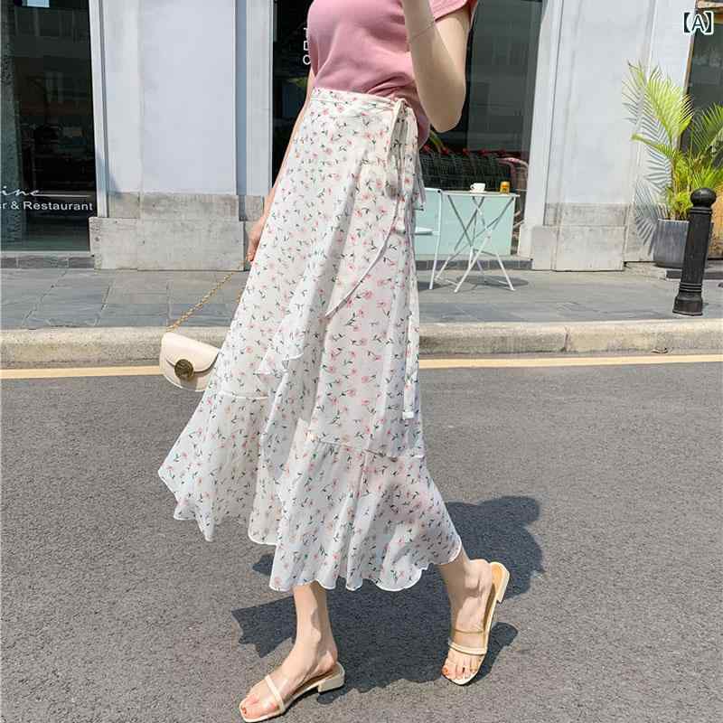 レディース 夏 不規則 ワンピース スカート フリル 花柄 シフォン スリット a ライン