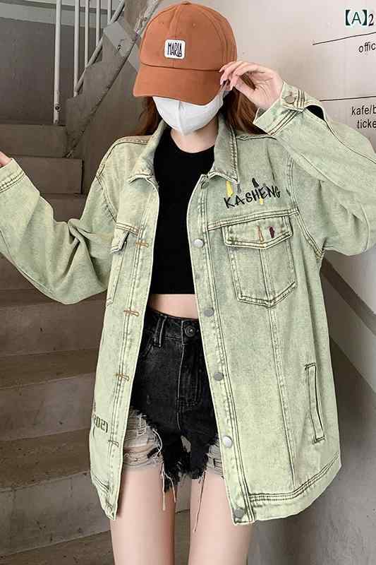 アメリカン レトロ アンティーク加工 刺繍 デニム ジャケット レディース 春 トップス 長袖 シングルブレスト