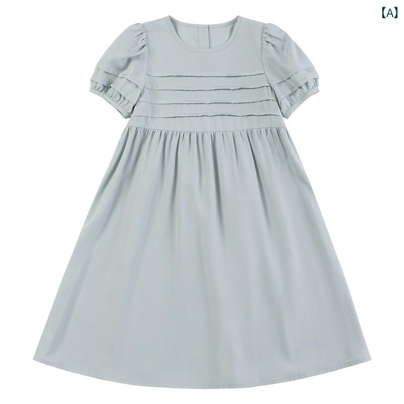 ドレス ワンピース キッズ かわいい ナチュラル 子供服 夏 ブルー 癒し パフスリーブ 重ね プリーツ 清涼 感 親子 女性用
