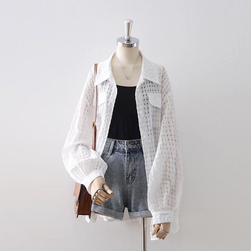 シャツ レディース 夏 長袖 爽やか チェック柄 日焼け防止 白 薄手 ランタン スリーブ アウタートップス