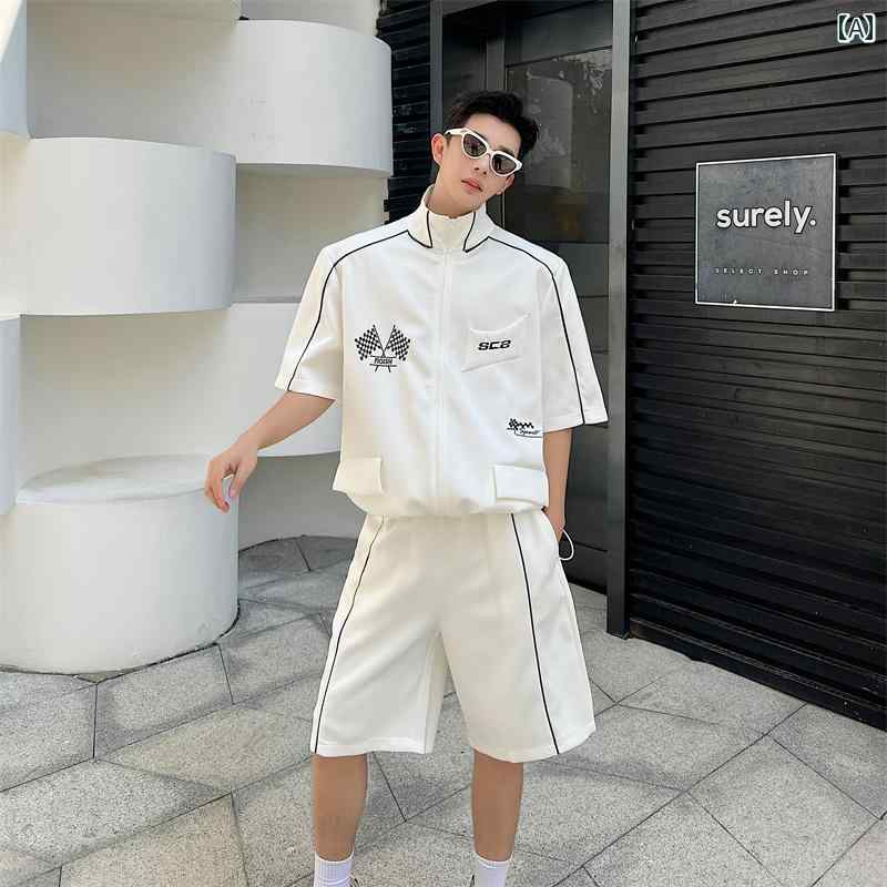 ジャケット メンズ 夏 バイク アメリカン スタンドカラー 半袖 スーツ ハイエンド クール 2点 セット