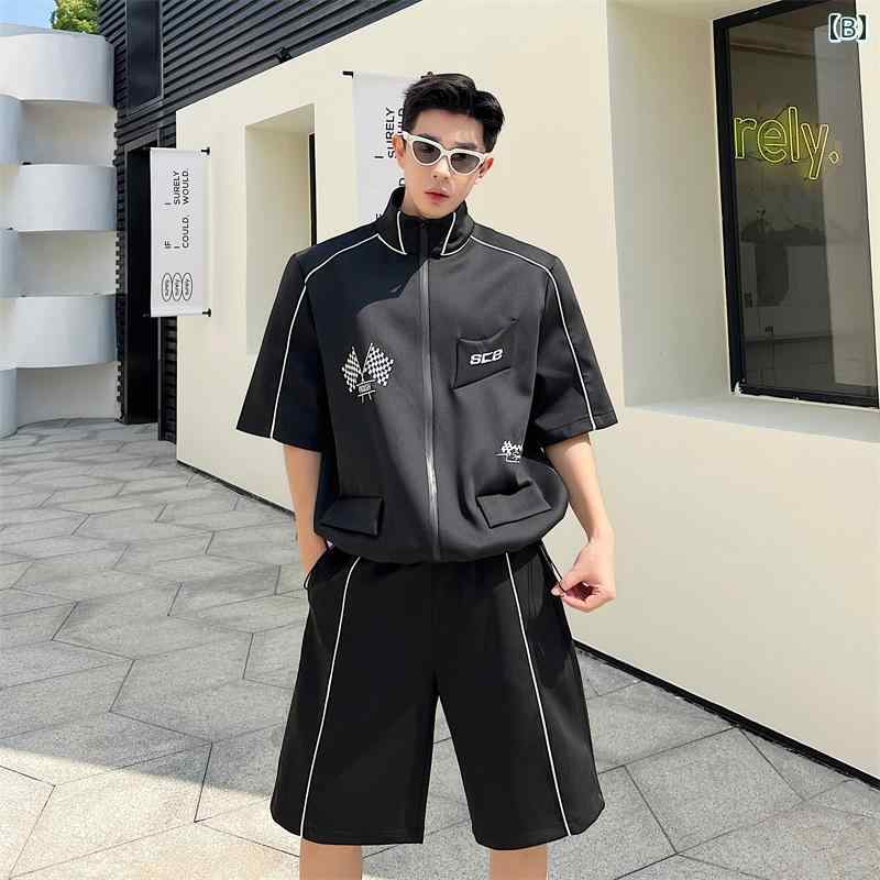 ジャケット メンズ 夏 バイク アメリカン スタンドカラー 半袖 スーツ ハイエンド クール 2点 セット