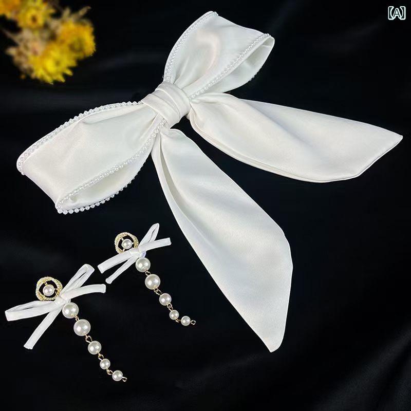 花嫁 白 レディース 赤 リボン パール 大きめ フェアリー フェミニン ウェディング ヘアアクセサリー 写真撮影 エレガント 披露宴 パーティー 2点セット