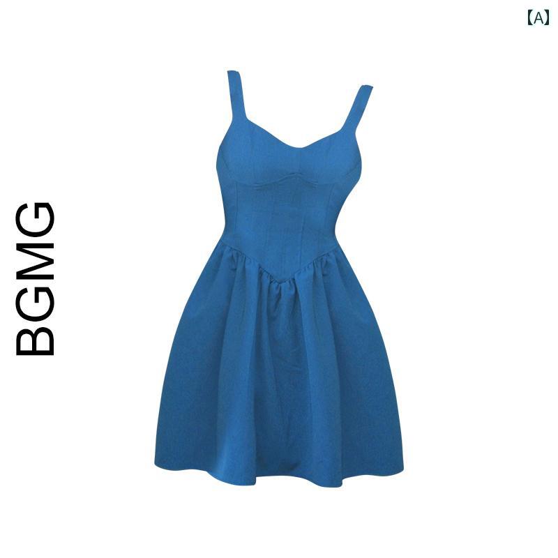 レディース 夏 ワンピース フレンチ レトロ ブルー サスペンダー ドレス ウエスト スリム ショート スカート