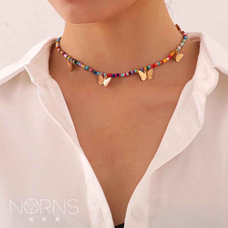 レディース ネックレス アクセサリー チェーン サマー ビーチ プール 海水浴 水着 ビキニ ボヘミアン エスニック カラー ライス ビーズ シーサイド バカンス 合金 バタフライ ペンダント 鎖骨