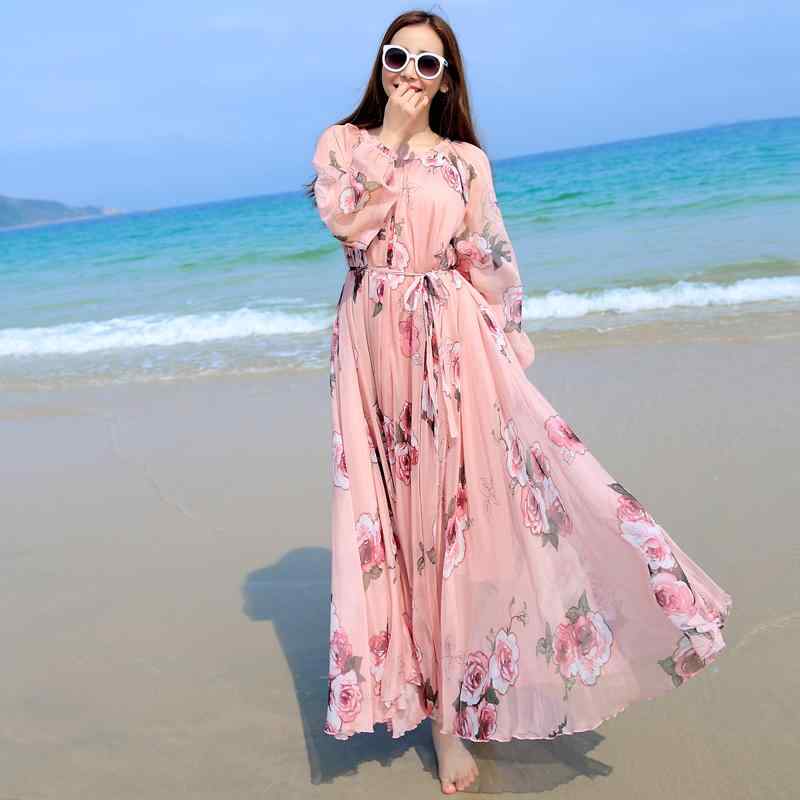 夏 ファッション おしゃれ 海辺 ビーチ 休暇 ドレス 旅行 ゆったり 夏 大きいサイズ 長袖 シフォン ドレス 花 フェアリー ドレス
