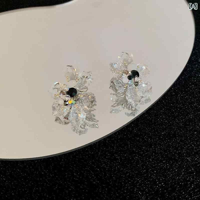 レディース アクセサリー ピアス イヤリング 大人 かわいい 耳飾り 韓国 誇張 透明 クリスタルフラワー イン ハイエンド 立体