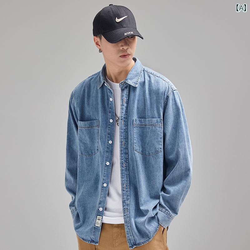 Denim Shirt - カジュアル シャツ メンズ ファッション ゆったり デニム 長袖 レトロ ウォッシュド 秋 ワークウェア ジャケット 豪華感 トップス