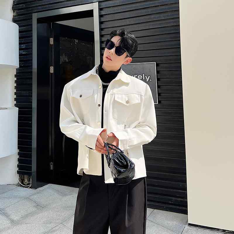 ジャケット メンズ 秋 カジュアル かっこいい 白 デニム メタル ジッパープラー 装飾 トップス