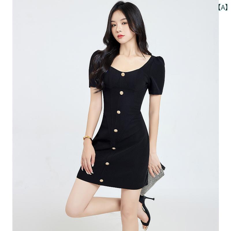 レディース 夏 ショート スカート ワンピース 黒 レトロ V ネック ドレス 女性 フレンチ ハイエンド 小さい お尻 抱く
