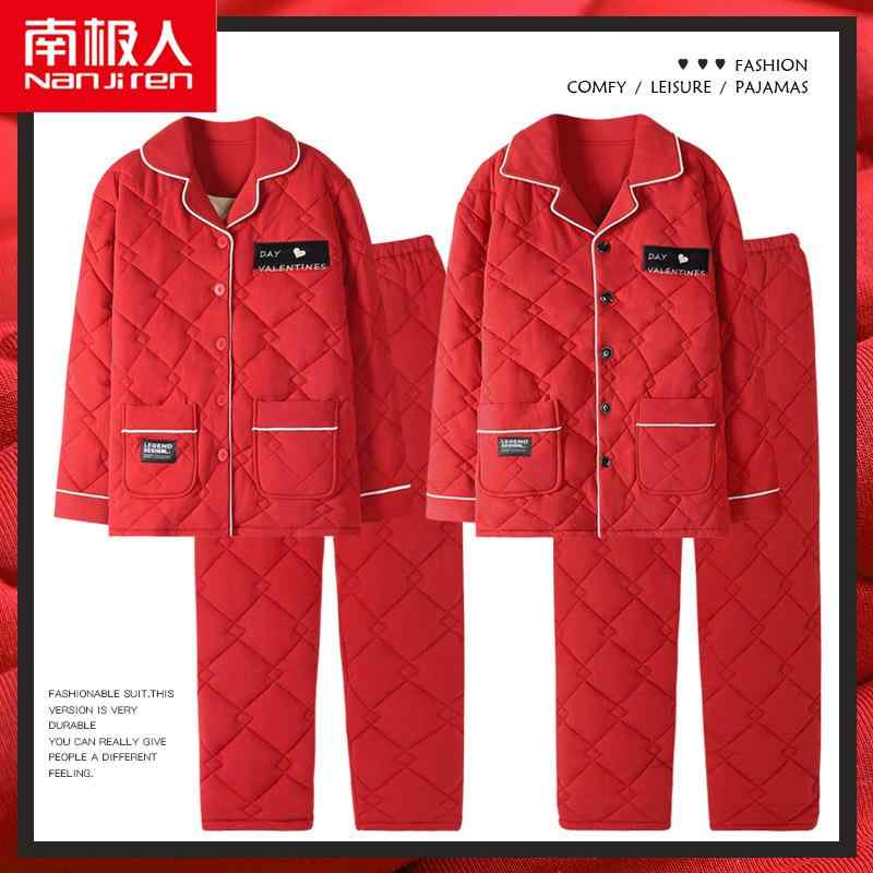 ジャケット メンズ 秋 冬 パジャマ ナイト ウェア カップル 優雅 綿 パッド入り 三層 厚手 暖かい ホーム 服 女性 赤い 干支 年