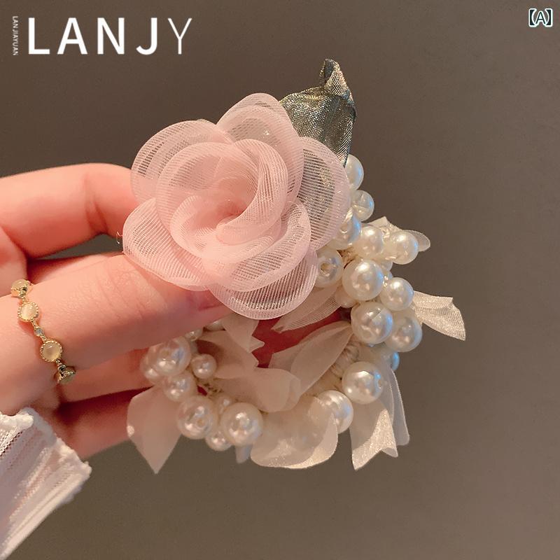 フレンチヘアゴム レース フラワー パール 韓国 アクセサリー かわいい フェアリー ピンク エレガント ..
