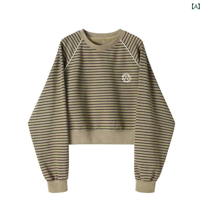 レディース トレーナー ファッション アメリカン カレッジ ストライプ ショート スウェットシャツ オーバー サイズ ジャケット 女性 秋 長袖 トップス