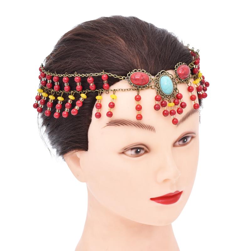 ヘッドドレス アクセサリー 雑貨 エスニック タッセル 頭飾り 額チェーン ターコイズ 二重層 ボヘミアン ネックレス レトロ 装飾品