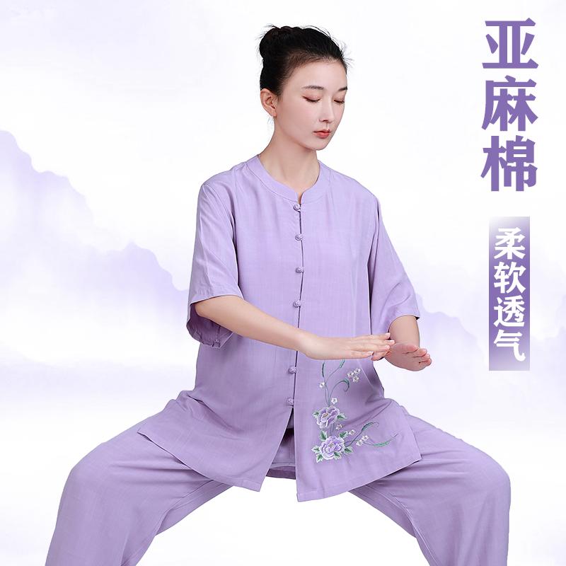 レディース コットン 夏 太極拳 スーツ 体操服 武術 武道着 トレーニング ウェア マーサージ師 ユニホーム リネン リネン 太極拳 練習 スーツ 半袖 薄手 服