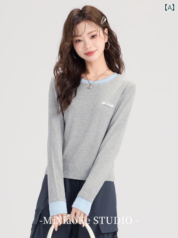 七分袖 - アメカジ ラウンドネック 長袖 Tシャツ レディース 女の子 秋 グレー スリムフィット カジュアル トップス ファッション