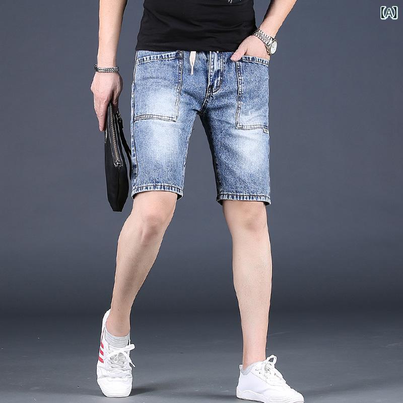 Short, Half Pants - ハーフ パンツ 夏 メンズ デニム ショート パンツ 五分丈 ファッション カジュアル ウォッシュ加工 ダメージ加工 薄手 レジャー ストレートレッグ フィット