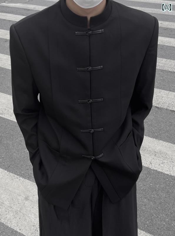 メンズ カジュアル ファッション 中華風 バックル チュニック スーツ ハイエンド スタンドカラー ジャケット 中華風小