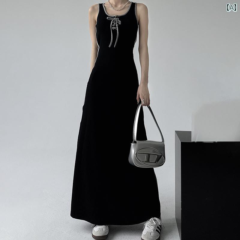 レディース 夏 ワンピース ノースリーブ ロングスカート タンクトップ 女性 外着る ドレス スリムフィット 弾性