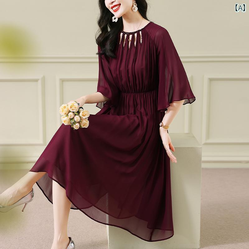 ワンピース きれいめ 体型カバー ドレス レディース 夏 Aライン 光沢 高貴 上品 ロング丈 パーティー レディース 紫 サテン 華やか エレガント