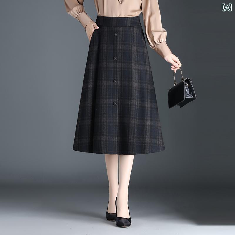 スカート 通勤 ビジネス オフィス ハイウエスト レディース レディース シングルブレスト チェック柄 秋冬 Aライン 大きめ 裾 レディース 丈 ウール