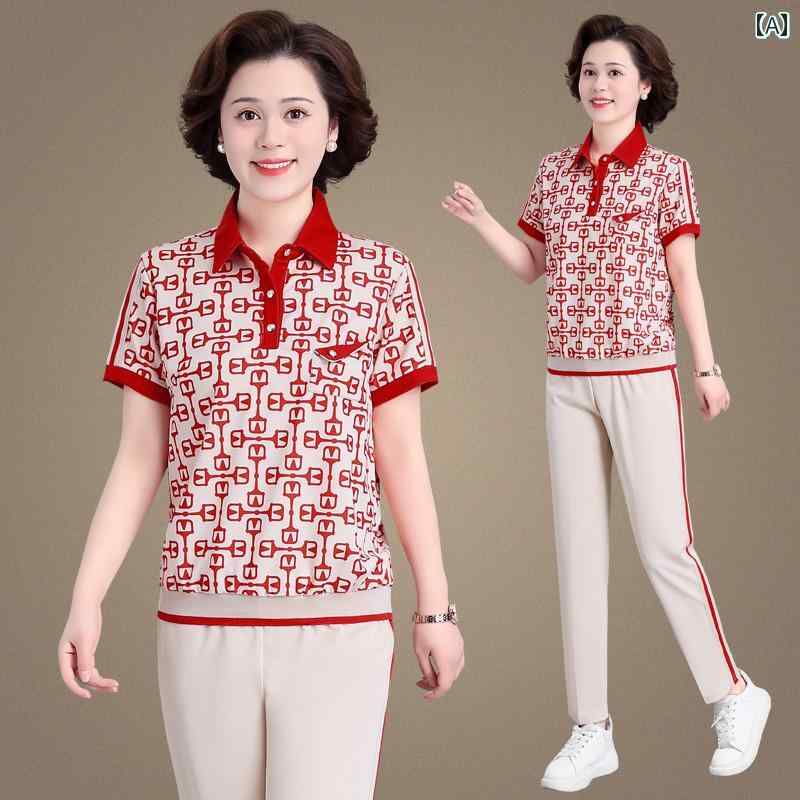セットアップ レディース 普段着 夏 半袖 ポロシャツ 襟 柄 模様 スポーツ ロングパンツ ライン 上下 2点セット おしゃれ 大きめサイズ
