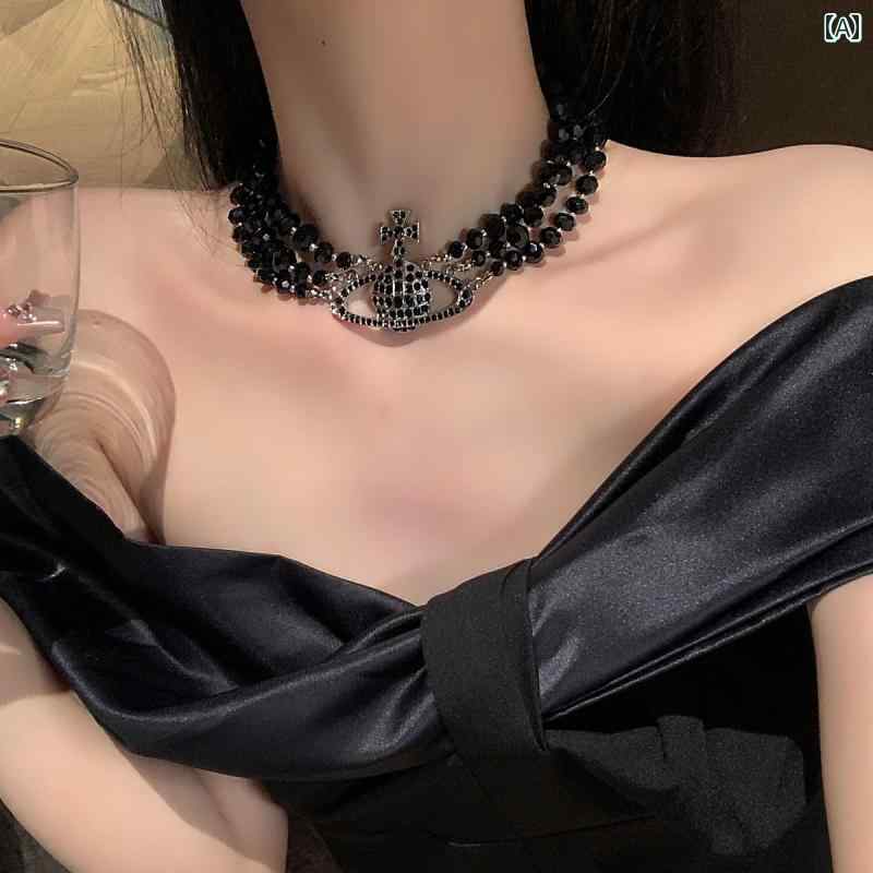 ネックレス アクセサリー おしゃれ 女の子 フル 3層 黒 瑪瑙 土星 レディース レトロ 個性 ショート 鎖骨 チェーン