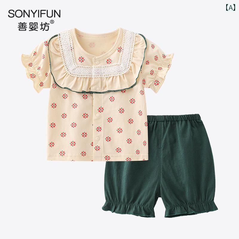 パンツ ベビー 服 サマーウェア 涼しい 幼児 子供 女の子 綿 半袖 薄手 ショート スーツ キュート 西洋風 牧歌的 お姫様