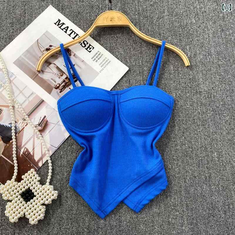 レディース フランス 魅力的 スタイリッシュ キャミソール アウター 胸パッド スリム 不規則 ショート トップス