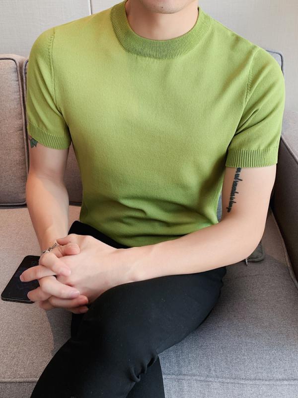 メンズ 夏 薄手 半袖 Tシャツ ひんやり 涼しい 快適 スリムフィット 無地 セーター 服 メンズ 短袖 豪華感 無地 ニット ラウンドネック ファッション スタイリッシュ シンプル
