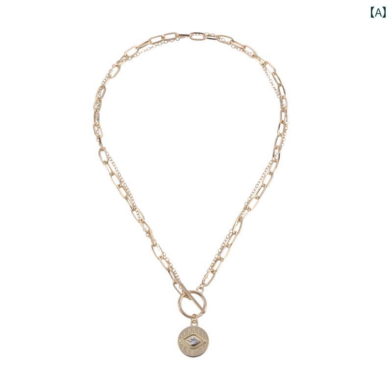 ネックレス レディース エスニック アクセサリー リゾート ビーチ 水着 海水浴 ビキニ アクセ アメリカ シンプル 合金 ま 悪魔目 金貨 ラウンド フラット ペンダント 竹 チェーン