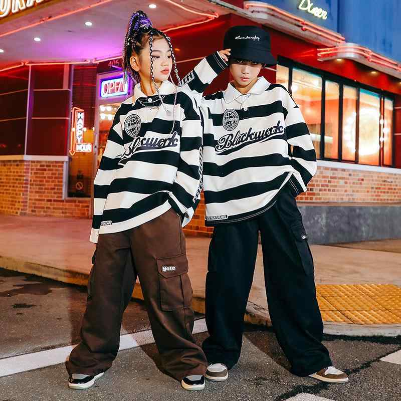 子供服 キッズ ダンス パフォーマンス 衣装 ストリート コスチューム ヒップホップ スタイリッシュ 2点セット セットアップ 上下セット ストライプ 柄 黒 白