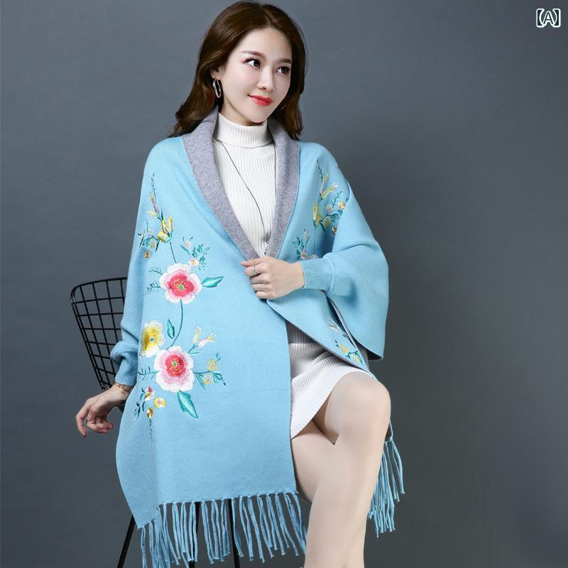 レディース チャイナ ショール 袖 秋冬 ミドル丈 ケープ アンティーク 刺繍 厚く 暖かい アウターウェア