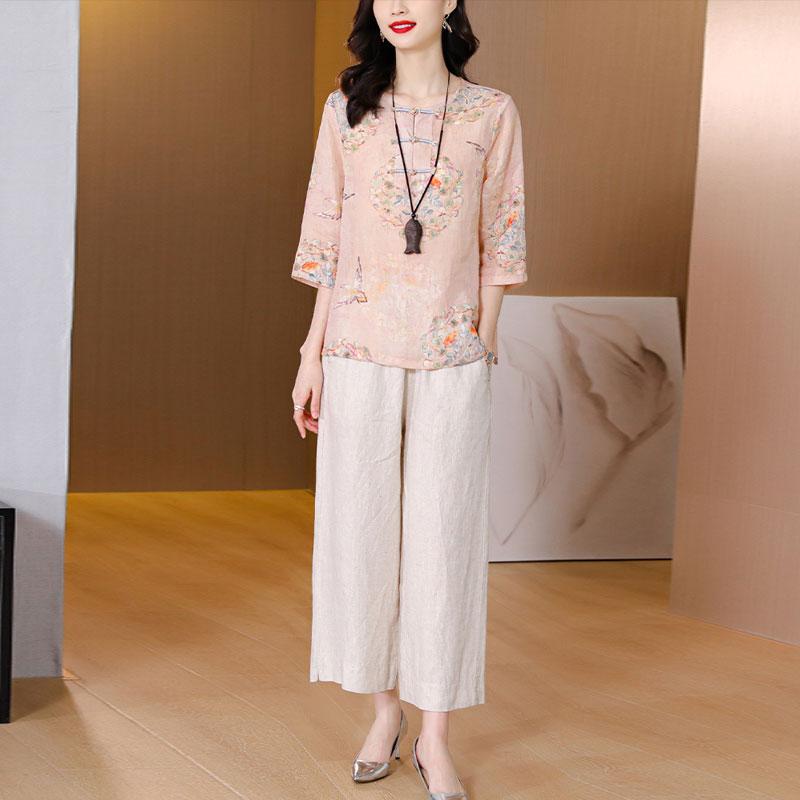 トップス パンツ レディース ファッション ミセス 婦人服 レトロ ラミー スーツ 夏 ママ 西洋風 綿 リネン 2点 セット