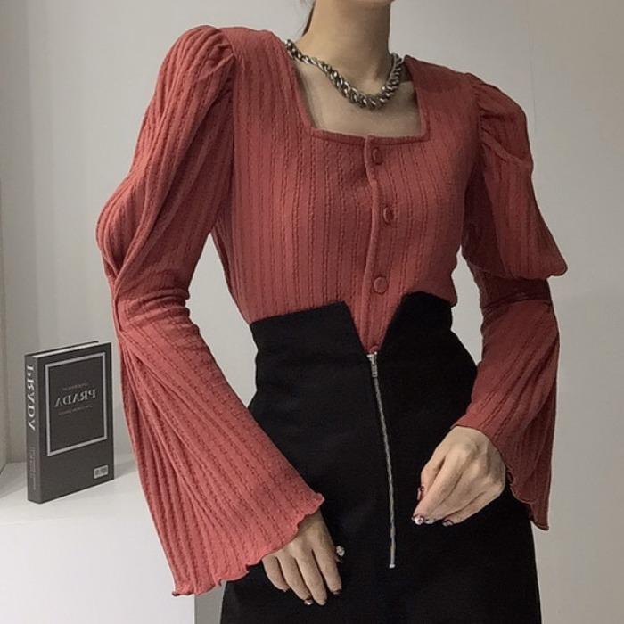 レディース 秋 春 ニット トップス 韓国 シック フレンチ レトロ シングルブレスト スクエアネック プリーツ ベルスリーブ カーディガン