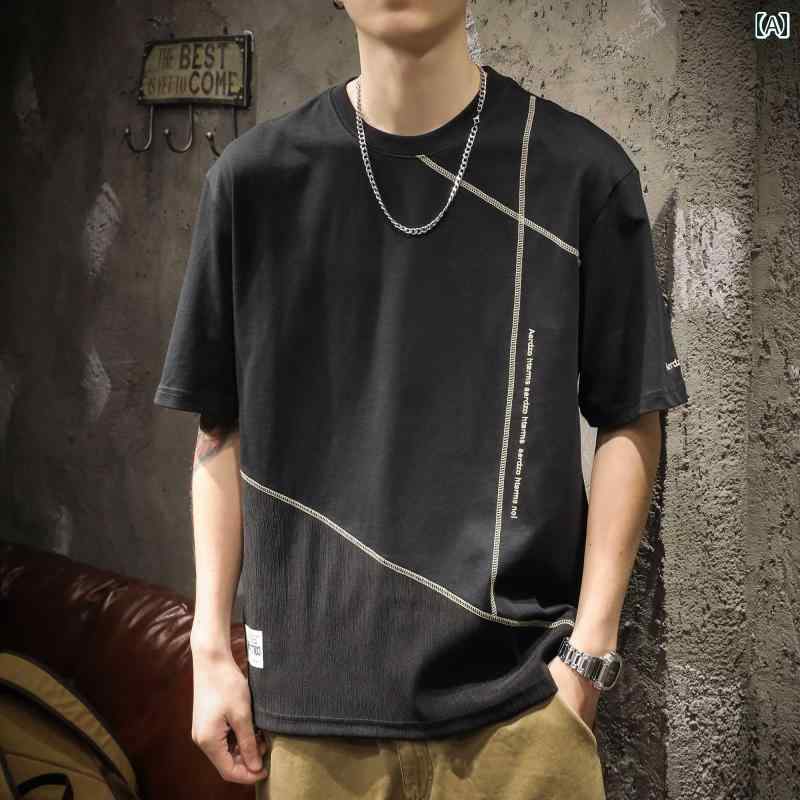 メンズ 夏 アメリカン カラー ブロック 半袖 Tシャツ ゆったり 大きめサイズ スポーツ ストライプ コットン メンズ スポーティ ラウンドネック ゆったり ファッション かっこいい カジュアル