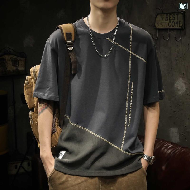 メンズ 夏 アメリカン カラー ブロック 半袖 Tシャツ ゆったり 大きめサイズ スポーツ ストライプ コットン メンズ スポーティ ラウンドネック ゆったり ファッション かっこいい カジュアル