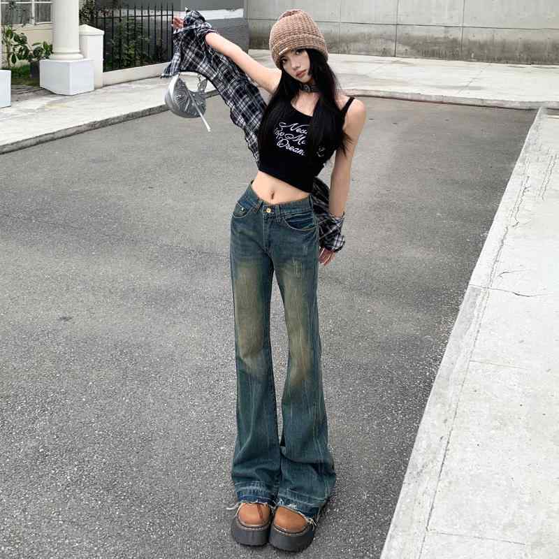 Low Rise Jeans - パンツ デニムパンツ レディース スタイリッシュ レトロ マイクロフレア ジーンズ 女性 秋 ガールズ ローウエスト スリム ワイド レッグ フロアレングス