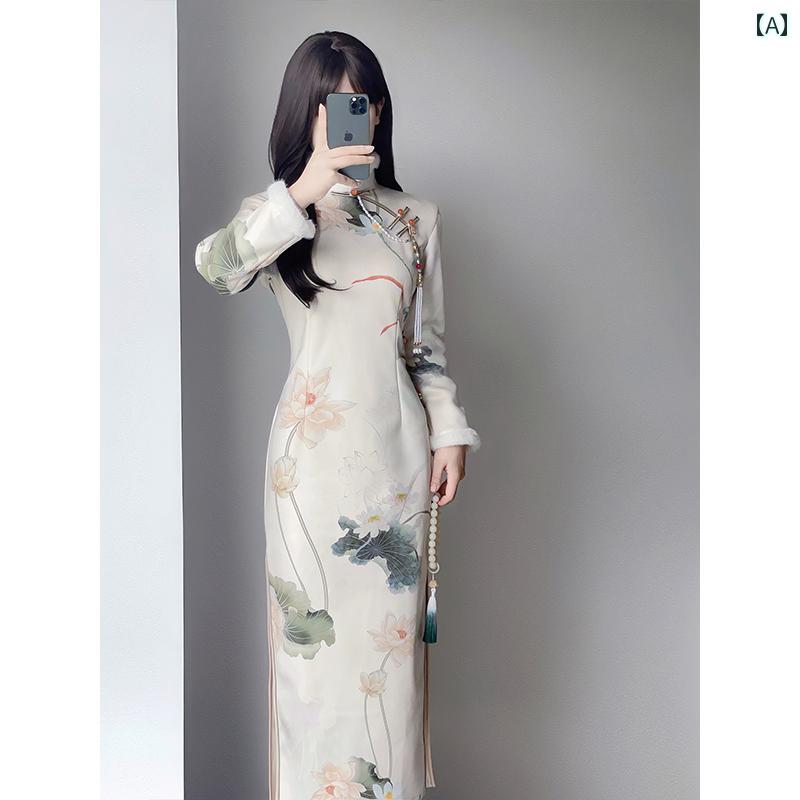 ドレス 民族衣装 コスチューム レディース 美しい チャイナ 冬 厚手 ベルベット 長袖 暖かい ハイエンド 冬 上品 洗練 中華風