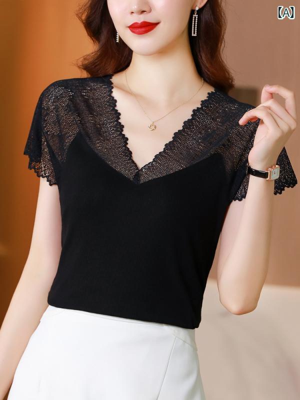 レディース 夏 カジュアル T シャツ 半袖 マザーズ 婦人服 おしゃれ 普段使い V ネック レース 黒 t つぎ合わせた 女性用 汎用性 高さ スリム レイヤリング 薄手