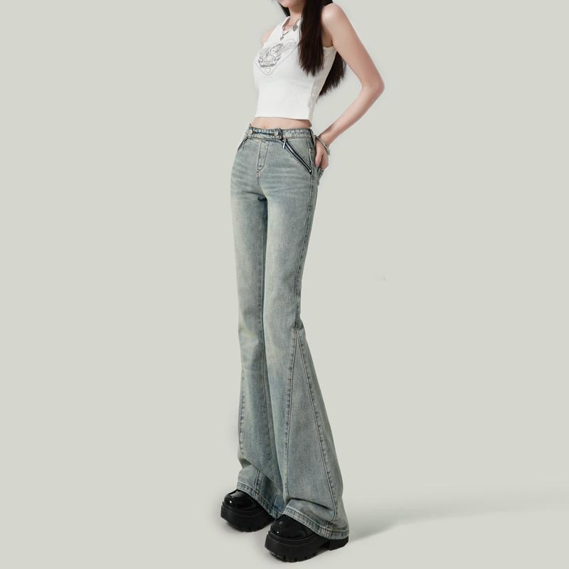 Boot Cut Jeans - パンツ デニム レディース レトロ ウォッシュ ラテ ブルー ブーツ カット ジーンズ 女性用 春 ローウエスト 多目的 スリム ベルボトムパンツ